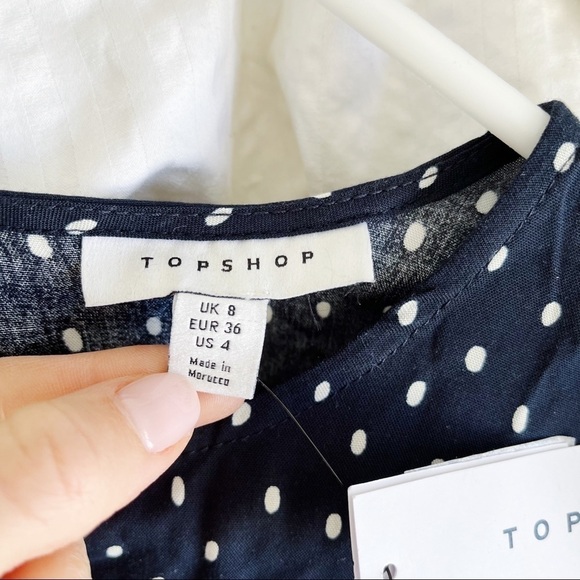 Topshop Shirred Mini Dress In Navy Polka Dot NWT US 4 - Picture 6 of 6